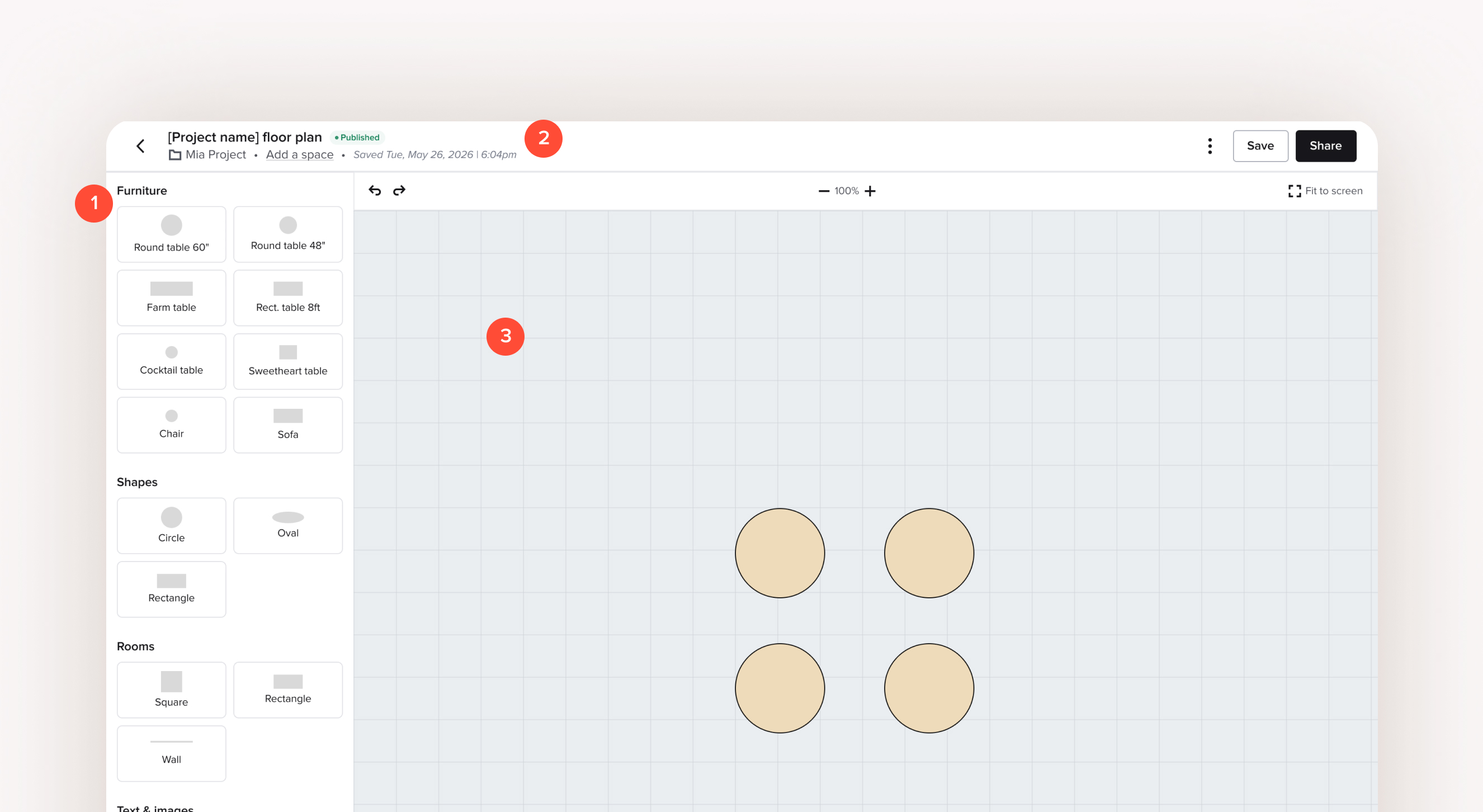 The V1 Floor Plans builder, annotated: (1) the categorized element panel, (2) the status bar, (3) the infinite canvas with a 1×1 ft scale indicator.