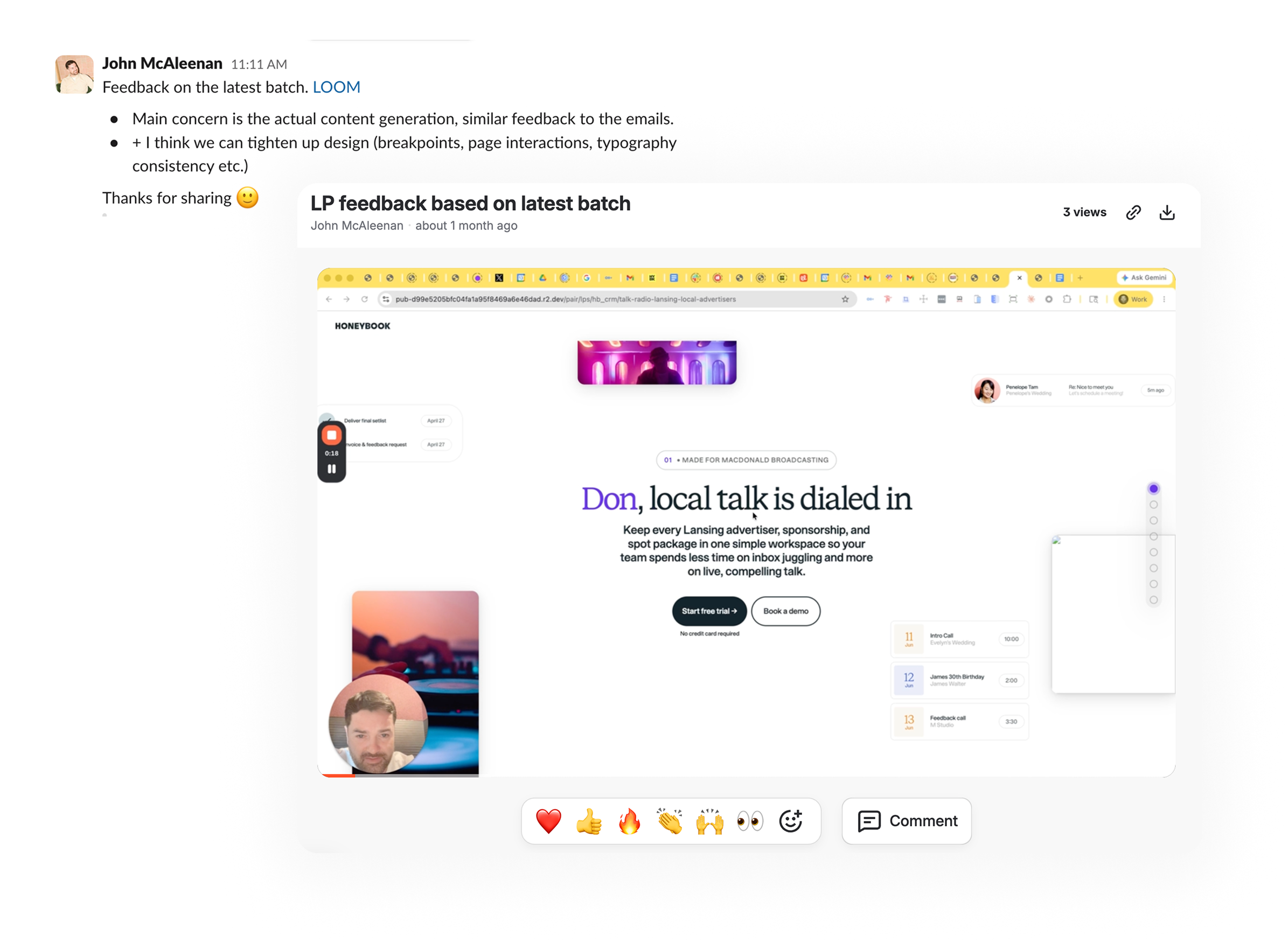 A Slack message with handoff feedback next to a Loom recording reviewing the landing page build.