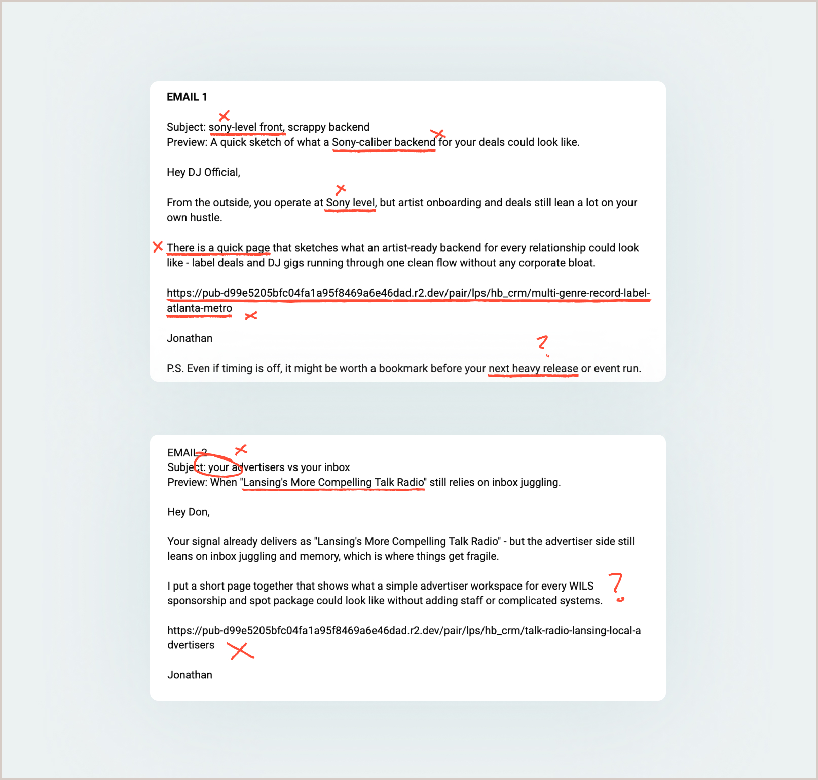 Two early AI-generated email drafts with red marks through the phrases that tried too hard or overused the recipient's data.