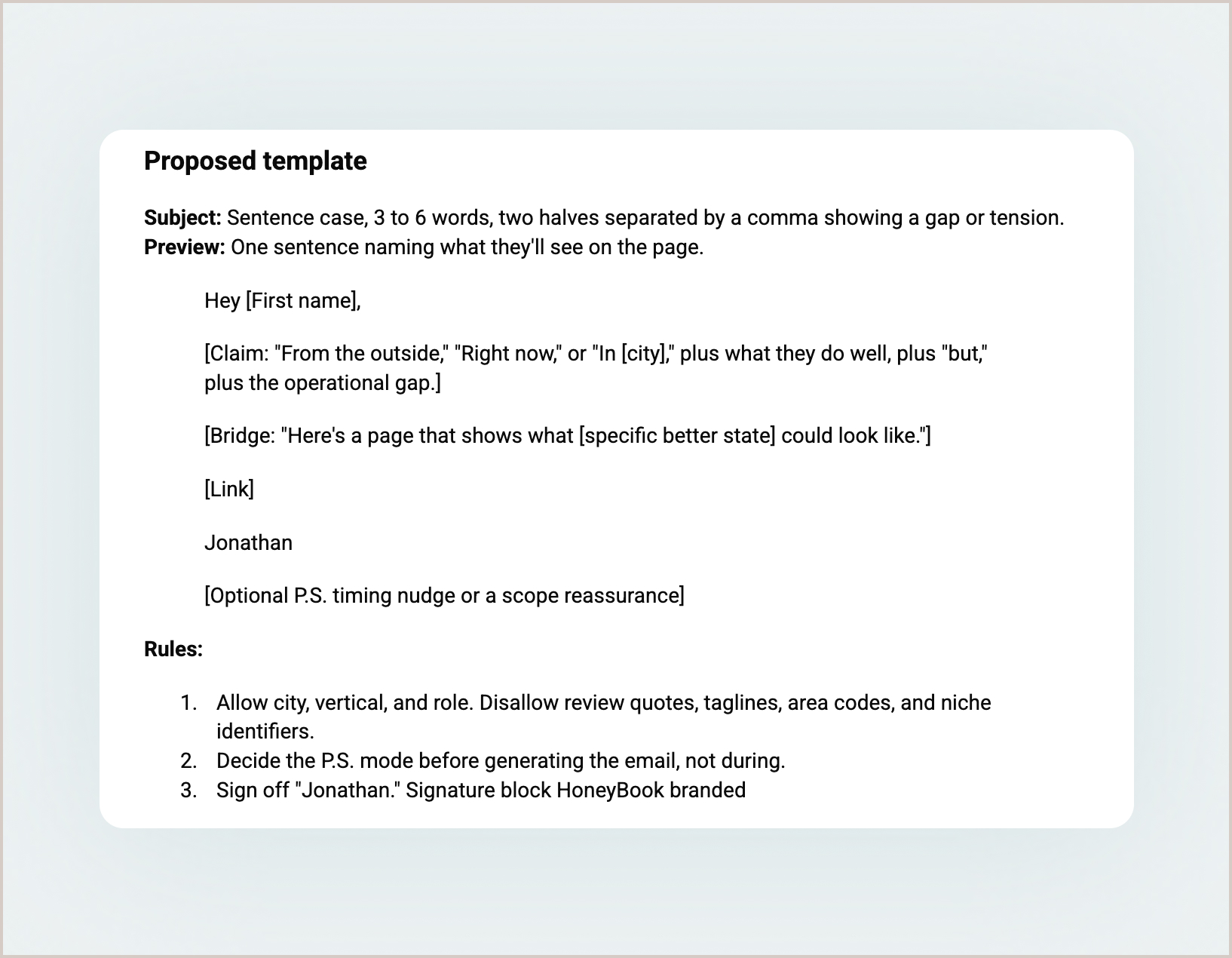 The proposed email template: subject line formula, message structure, and generation rules.