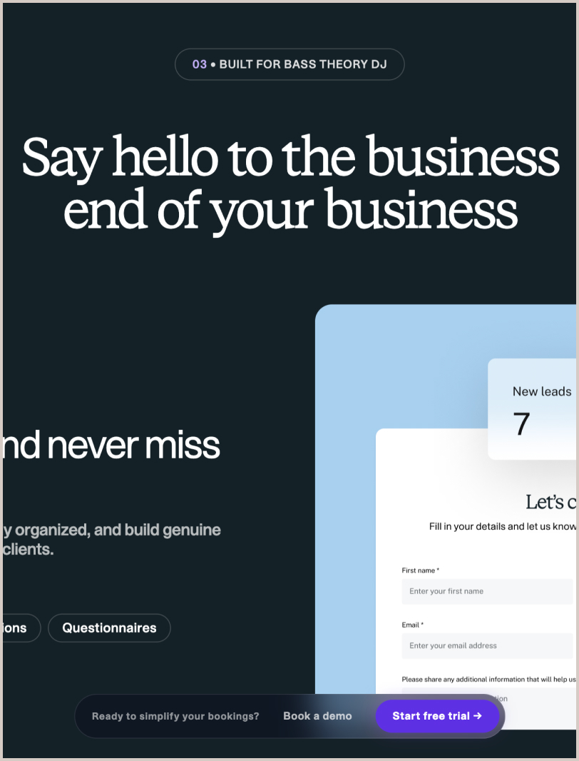 The fixed bottom bar with trial and demo CTAs, visible throughout the scroll.