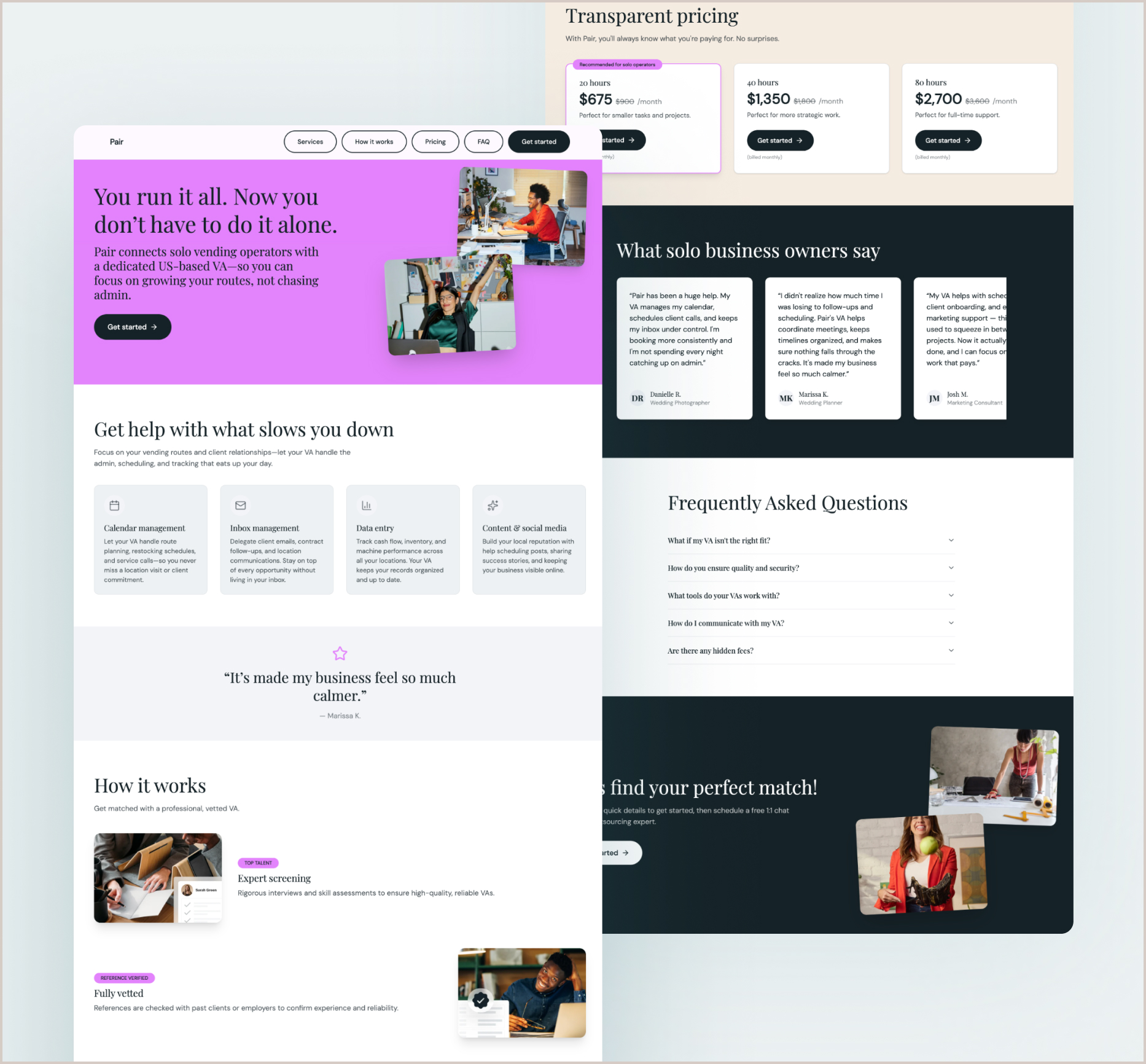 The initial AI-built landing page: a generic marketing layout with a bright purple hero and stock photography.