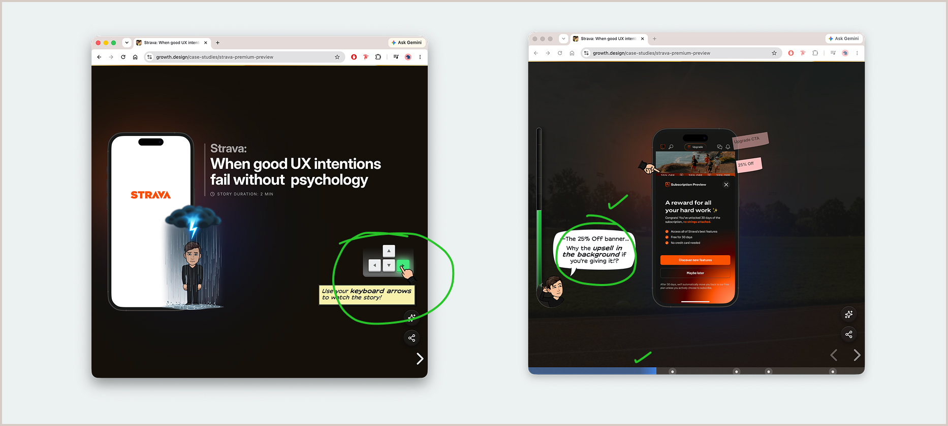 growth.design case studies in a structured, slide-based format with progress indicators.
