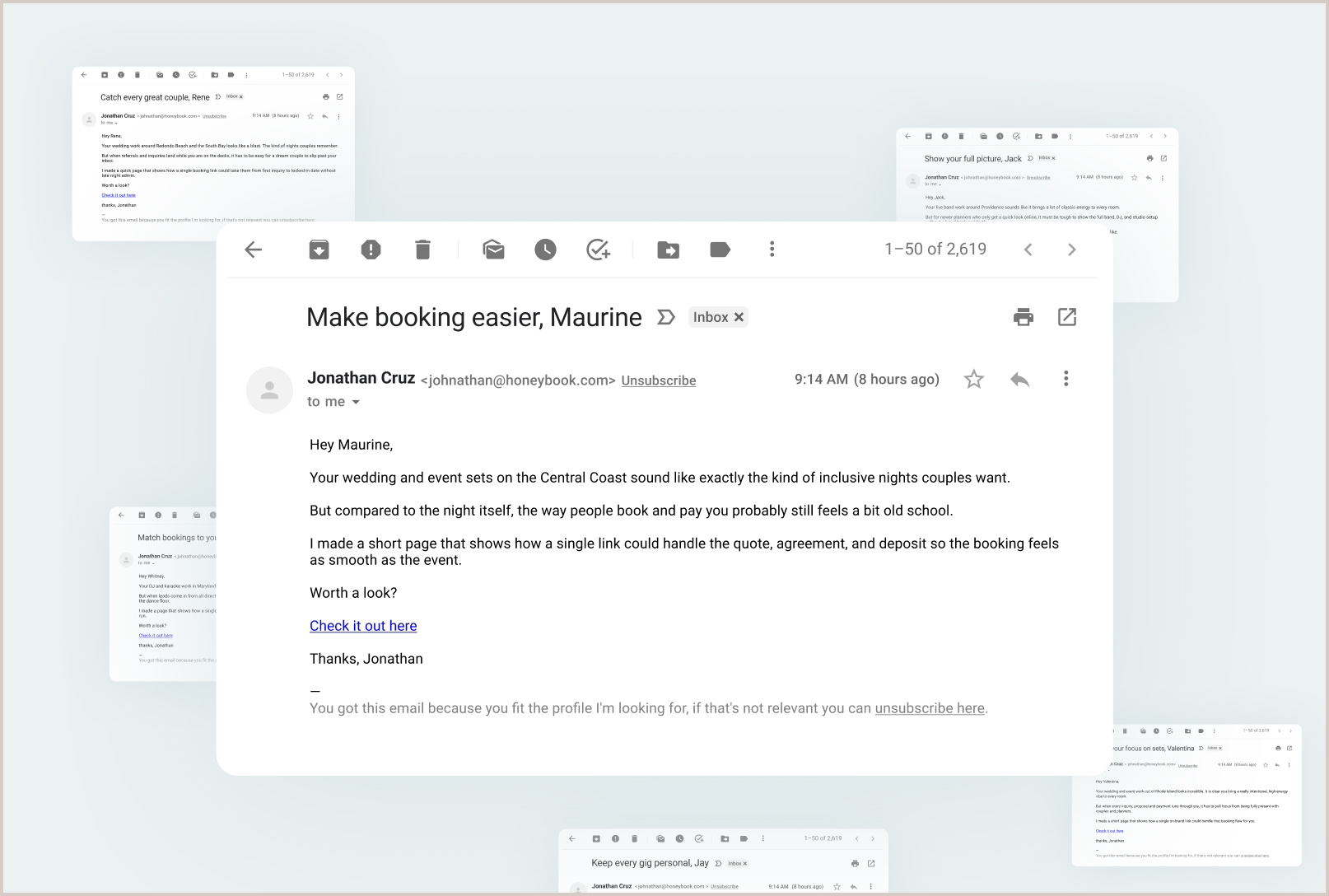 A stack of generated cold emails in Gmail, each opening with a different inferred pain point.
