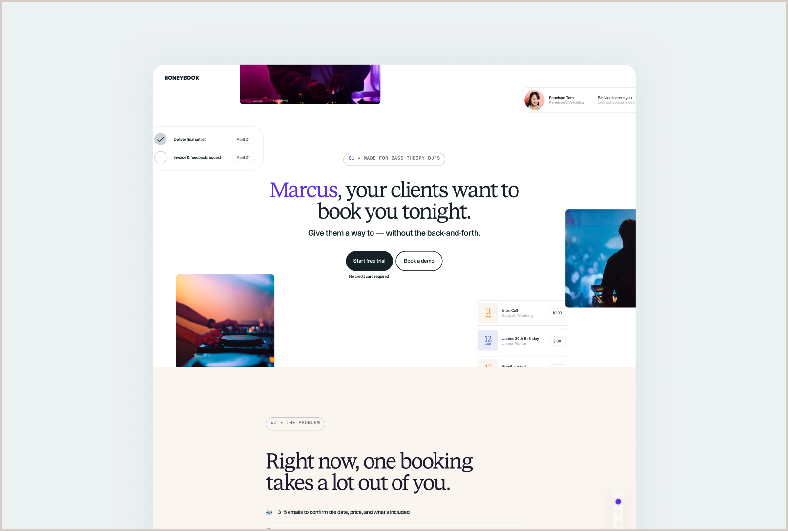 The personalized HoneyBook landing page addressed to Marcus, continuing the email's narrative.