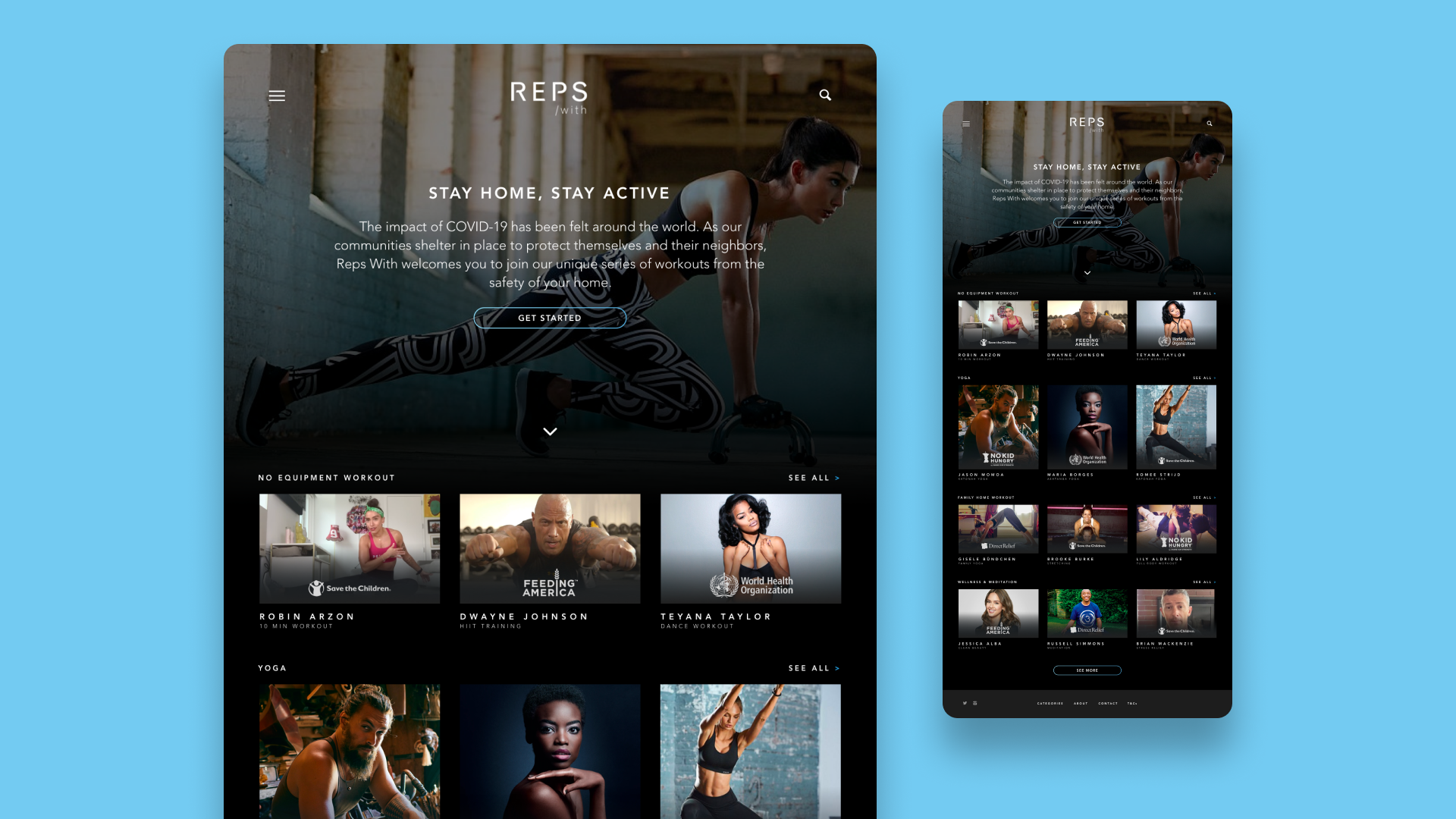 The Reps/with site on desktop and tablet, showing workouts organized by category: no-equipment, yoga, family home workout, and wellness and meditation.