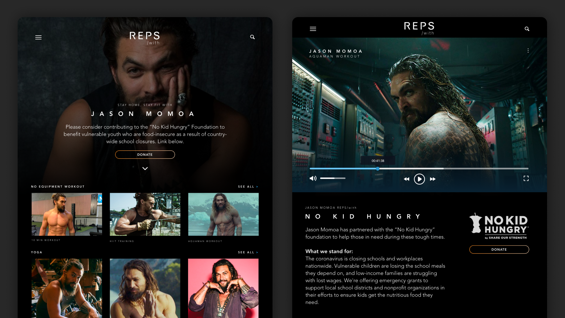 Jason Momoa's Reps/with profile page and Aquaman-themed workout video, paired with a No Kid Hungry donation prompt.