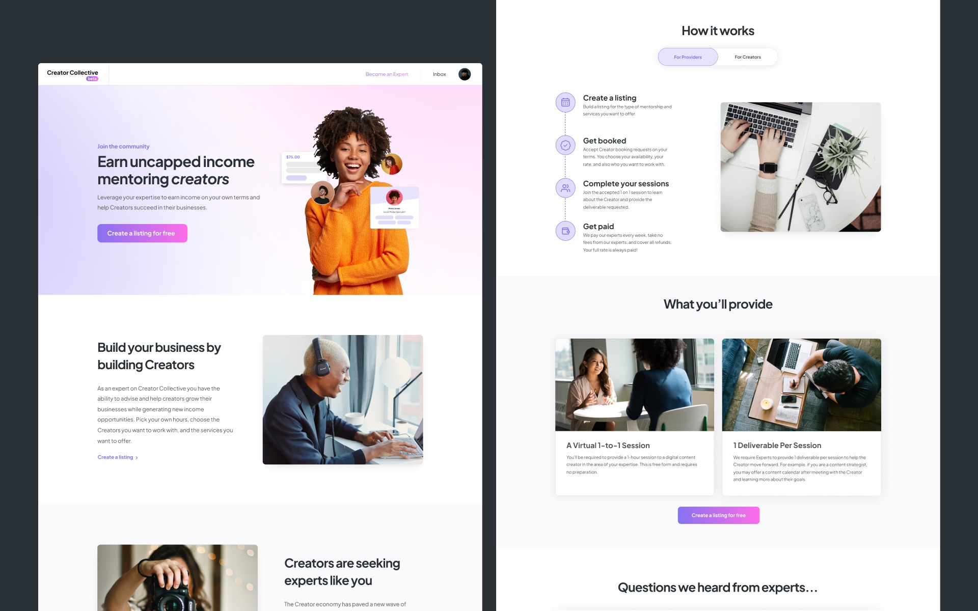 The 'Become an Expert' landing page: 'Earn uncapped income mentoring creators,' with how-it-works steps for service providers.