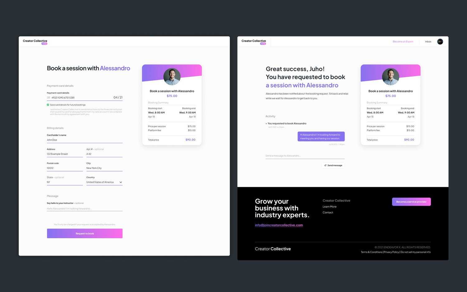 The booking flow for a session with an expert, and the transaction confirmation once it's booked.