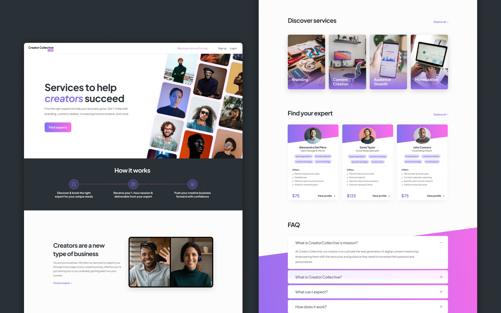 The Creator Collective landing page: 'Services to help creators succeed,' with category tiles, a grid of experts, and an FAQ.