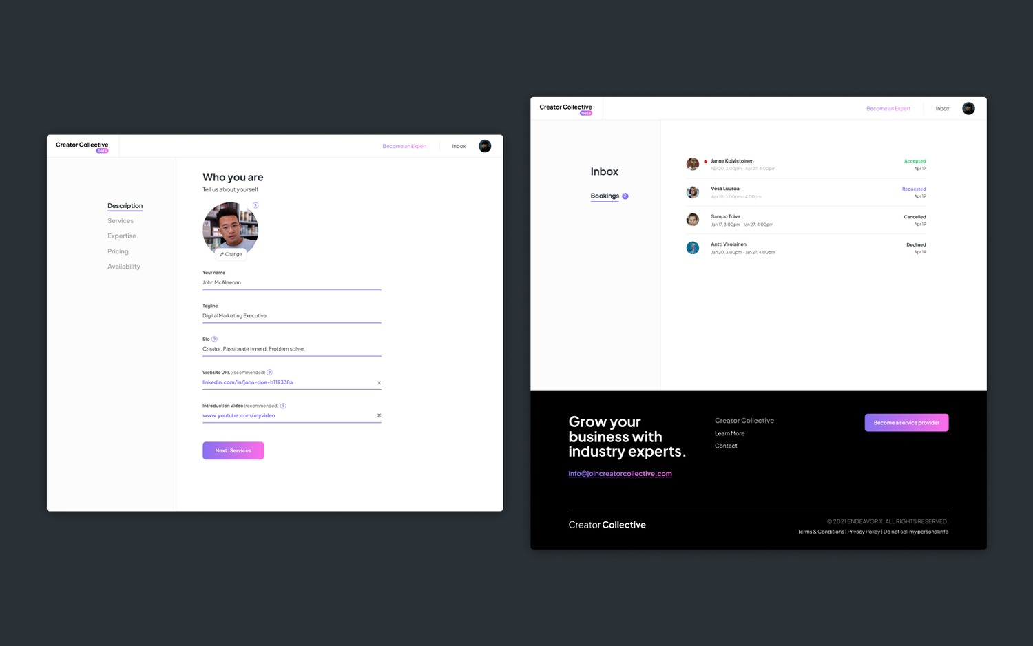 A service provider's profile-creation form, and the shared inbox showing incoming booking requests.