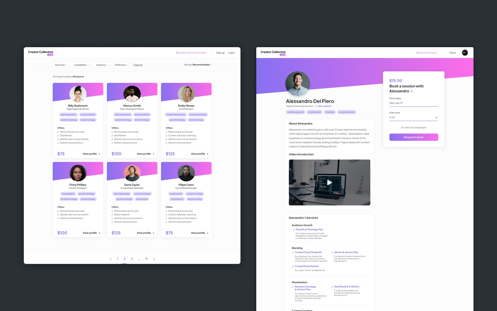 Search results for experts and an individual expert's profile, with reviews and a booking panel.