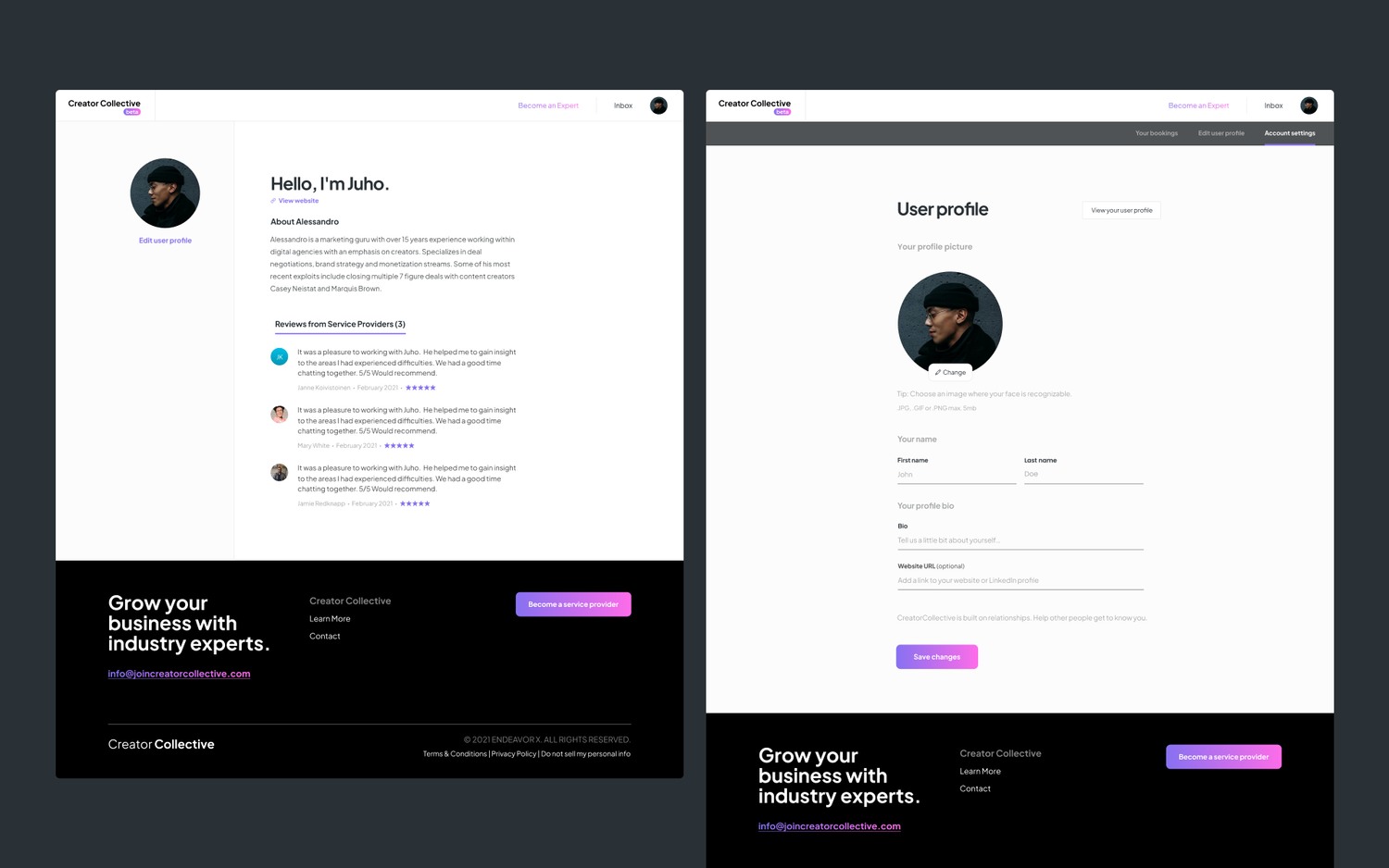 An expert's public profile with reviews, and the account settings screen for editing a profile.
