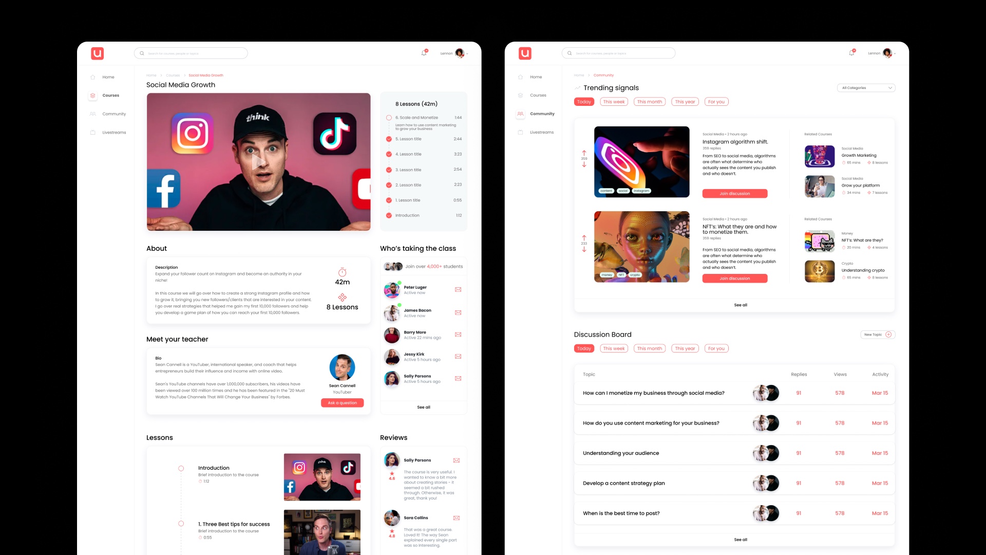 The education-platform prototype tested during the Design Sprint: a course player and a creator community forum, styled after Skillshare and Coursera.
