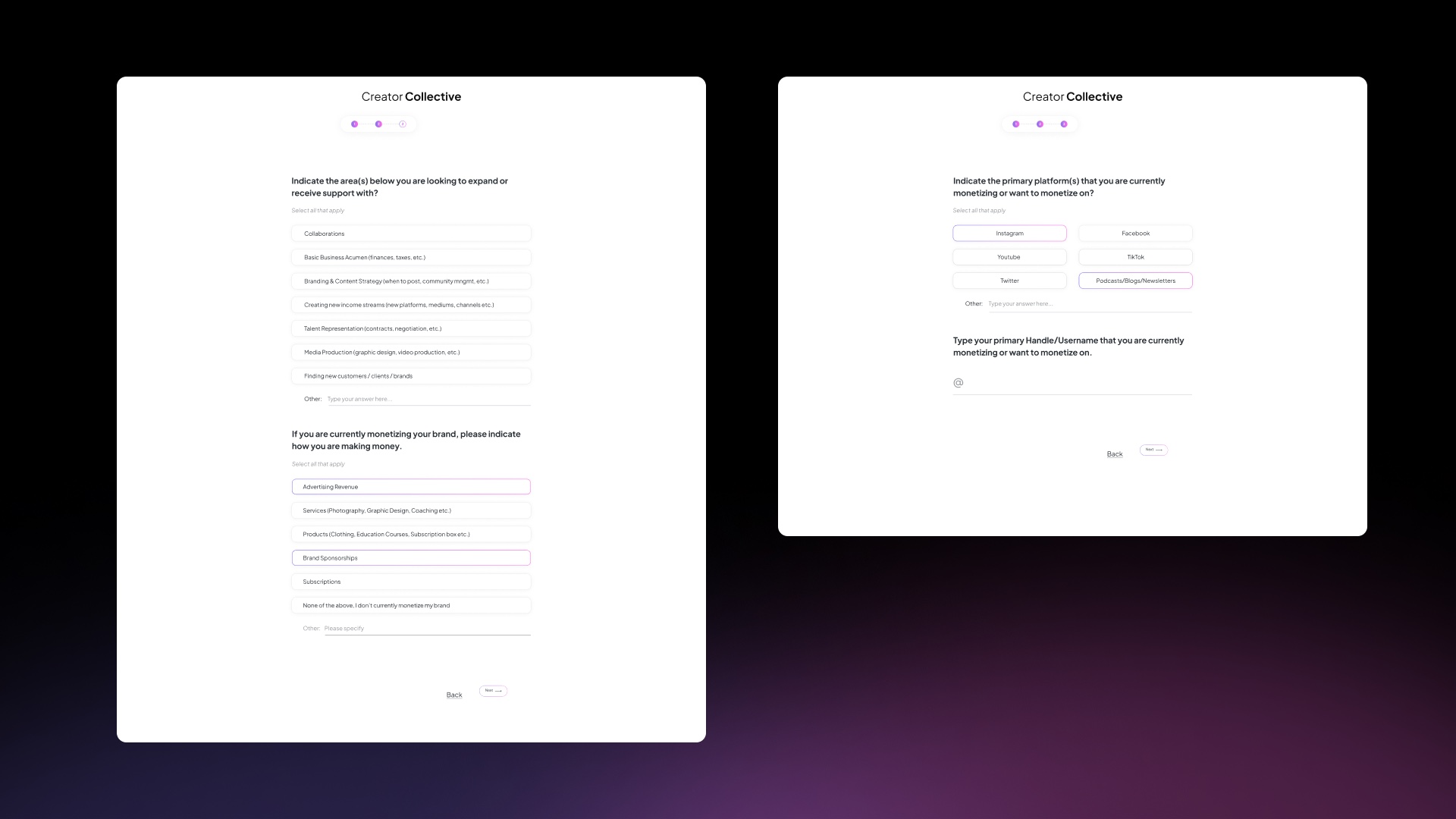 The Creator Collective application form, asking creators which areas they want support with and how they currently monetize.