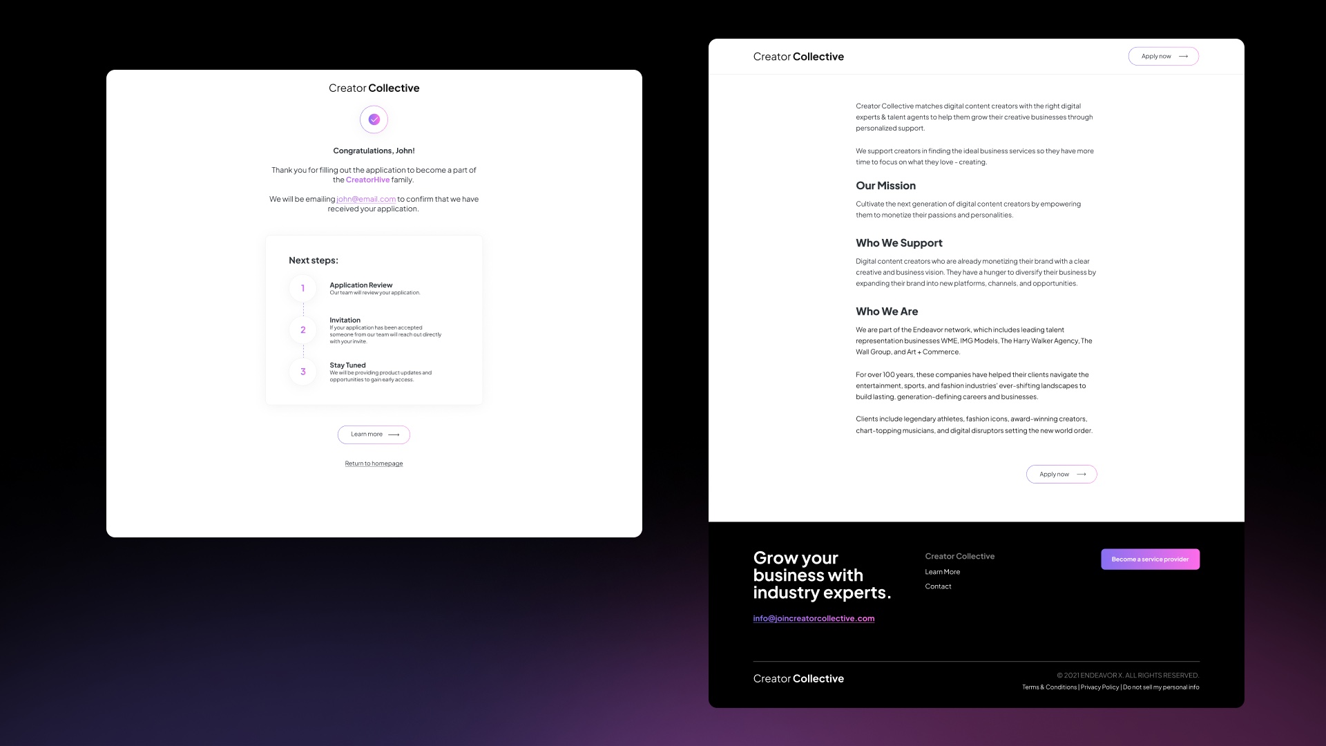 Application confirmation screen and the Creator Collective about page, describing the mission and the Endeavor network behind it.