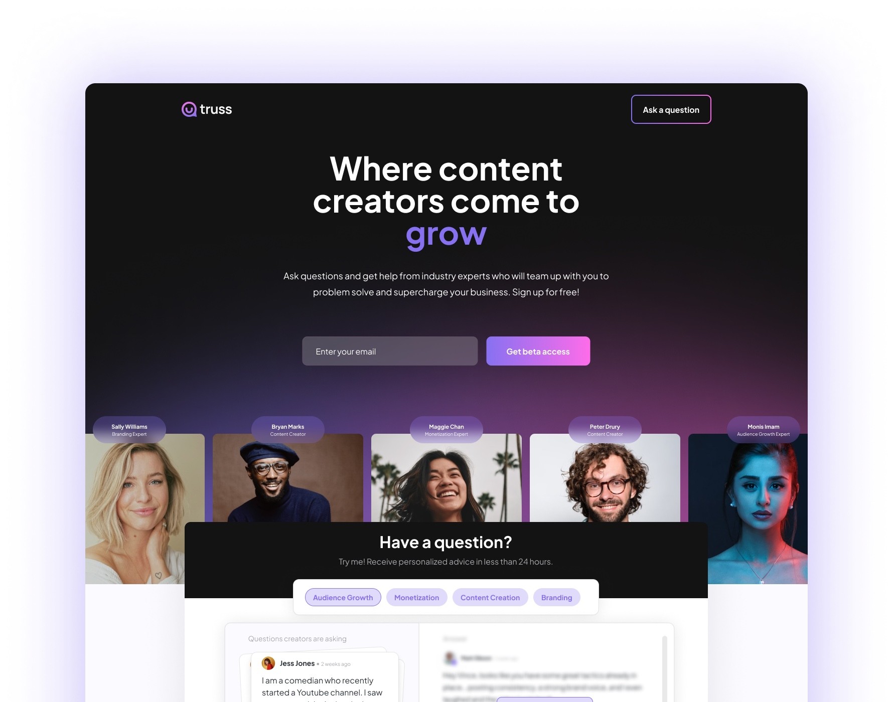 Truss's first landing page: 'Where content creators come to grow,' testing instant coaching from experts creators already knew.