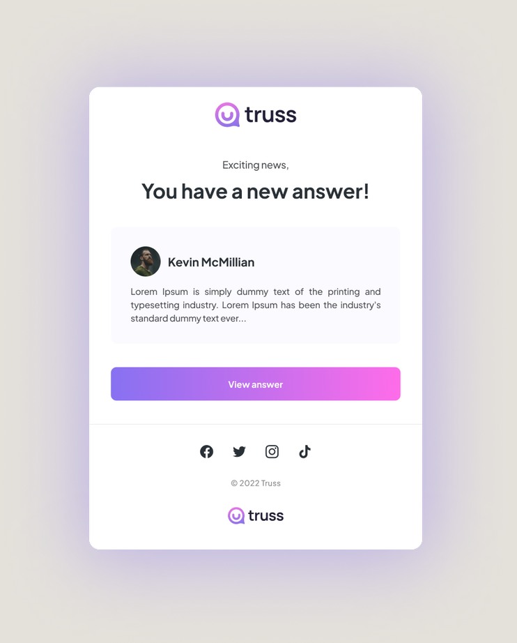 An email notifying an asker that they have a new answer waiting for them.