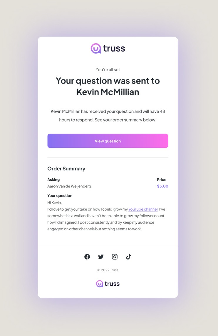 A confirmation email showing a question was sent to an expert, with the order summary and price.
