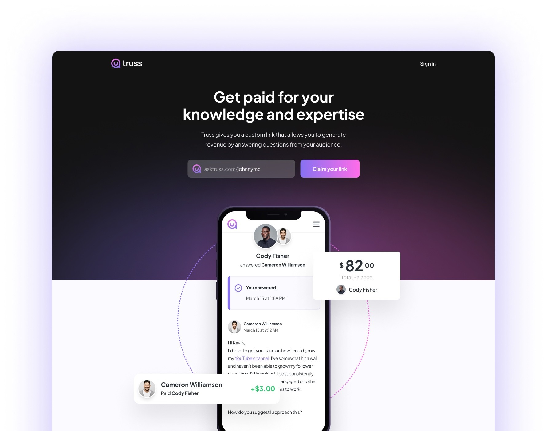 The final Truss landing page: 'Get paid for your knowledge and expertise,' with a claimable asktruss.com link and a mobile Q&A preview.