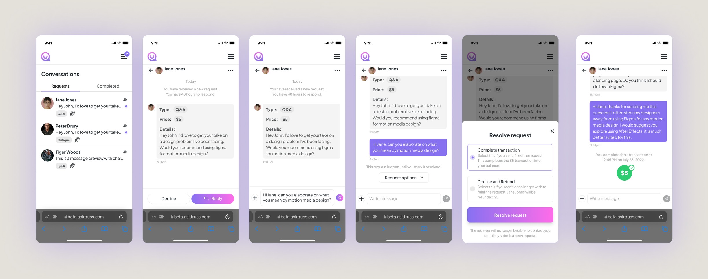 The finished Truss inbox: a list of conversations, a Q&A request thread, a reply composer, and a 'Resolve request' screen to complete or decline the transaction.