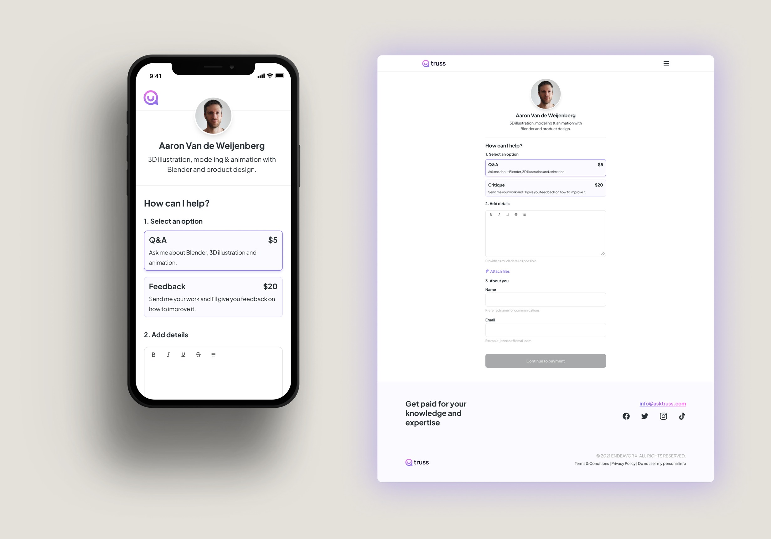 An expert's services on mobile and desktop: Q&A for $5 and Feedback for $20, with a question field below.