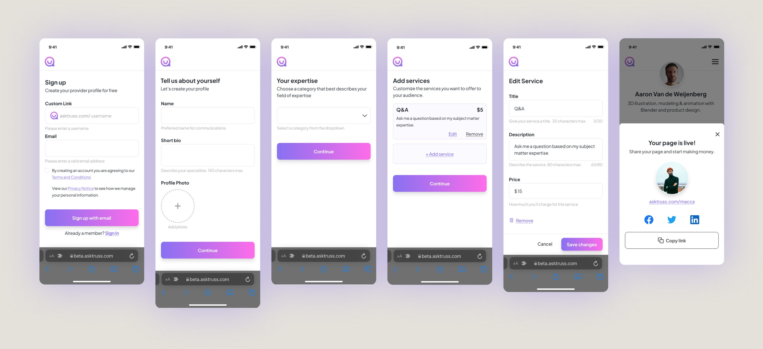 The expert onboarding flow: sign up, tell us about yourself, choose your expertise, add services, edit a service, and a confirmation that your page is live.