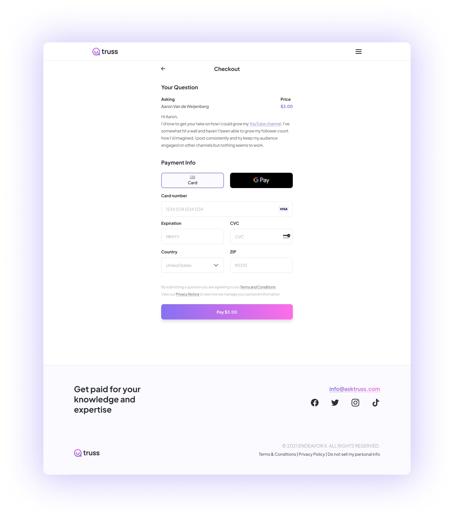Truss checkout screen: the asker's question, price, and a payment form with card or Google Pay.
