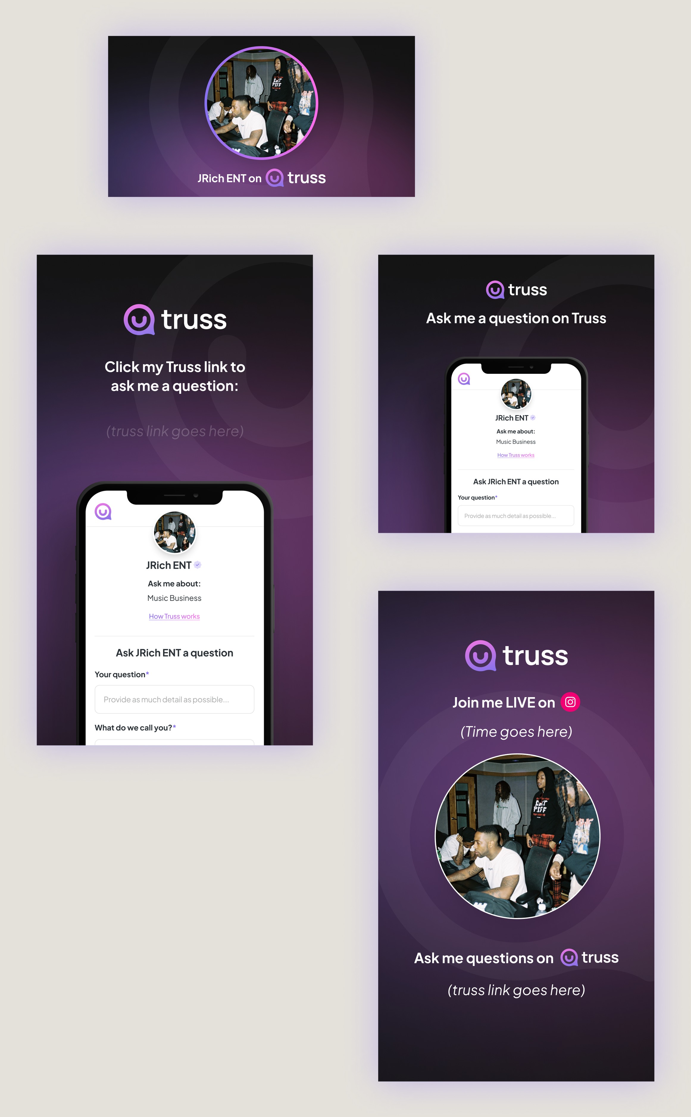 Social share templates for experts to promote their Truss link: an Instagram Story card, a question-prompt story, and a livestream announcement.