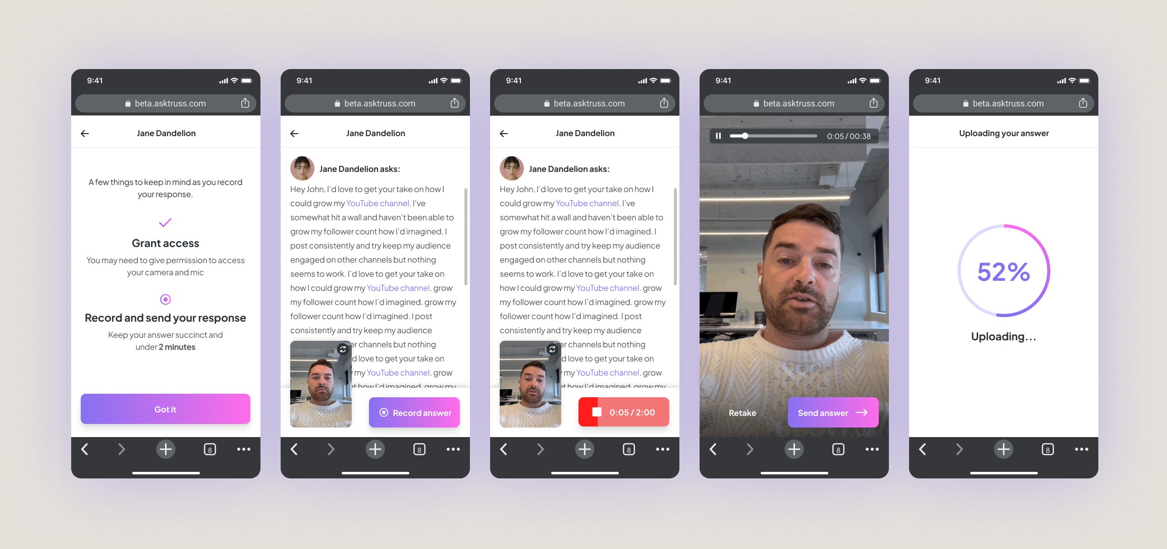 The video-response flow: granting camera access, recording a timed answer to a question, and uploading it.