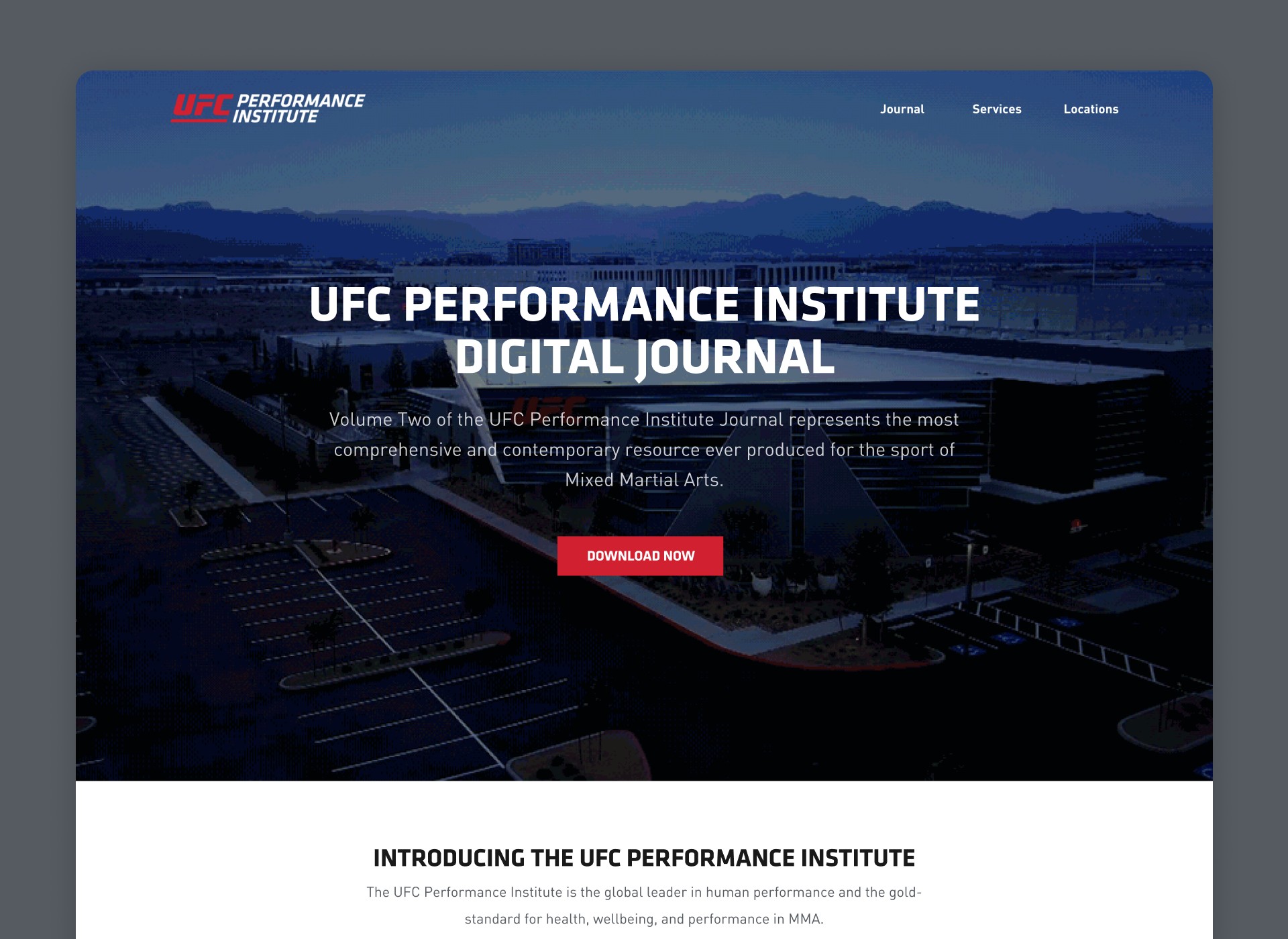 The UFC Performance Institute Digital Journal landing page: 'Volume Two of the UFC Performance Institute Journal represents the most comprehensive and contemporary resource ever produced for the sport of Mixed Martial Arts.'