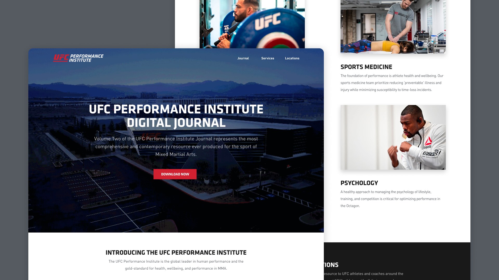 UFC PI Digital Journal page sections: sports medicine and psychology content blocks alongside the journal hero.