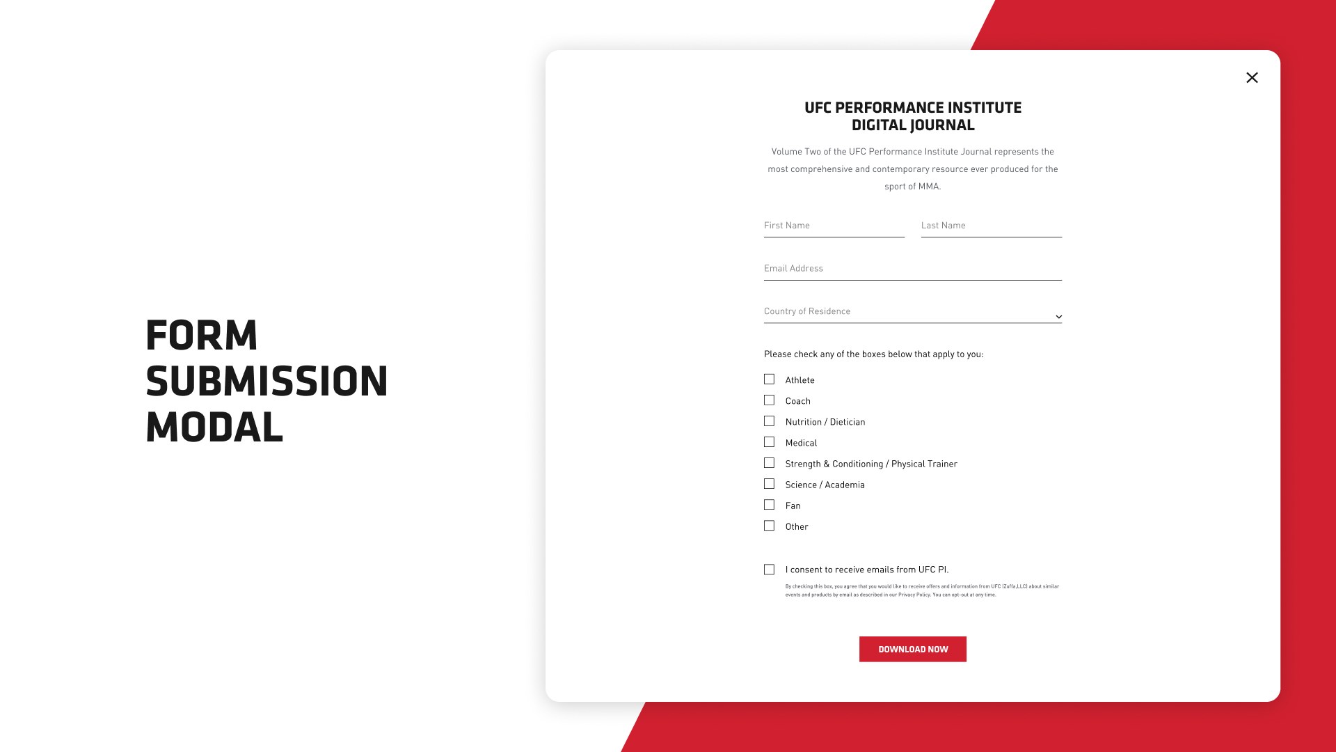 The journal download form: name, email, country, and a checklist of roles including athlete, coach, medical, and strength & conditioning.